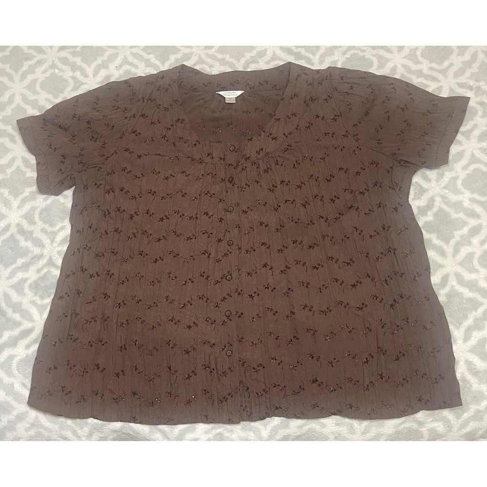 CJ Banks Brown Floral Embroidered Eyelet Button Front Blouse Top 3X